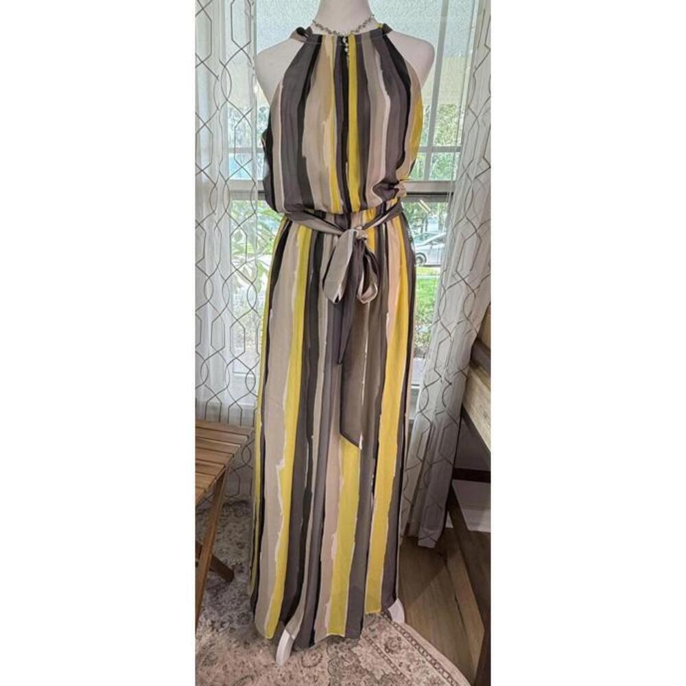 Nine West Maxi Dress Womens Size 4 Yellow Gray Striped Sleeveless Belted Sheer